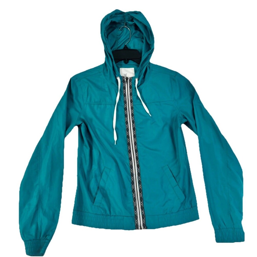 Zine Teal Hooded Windbreaker Jacket Womens Small Full Zip Lightweight Coastal